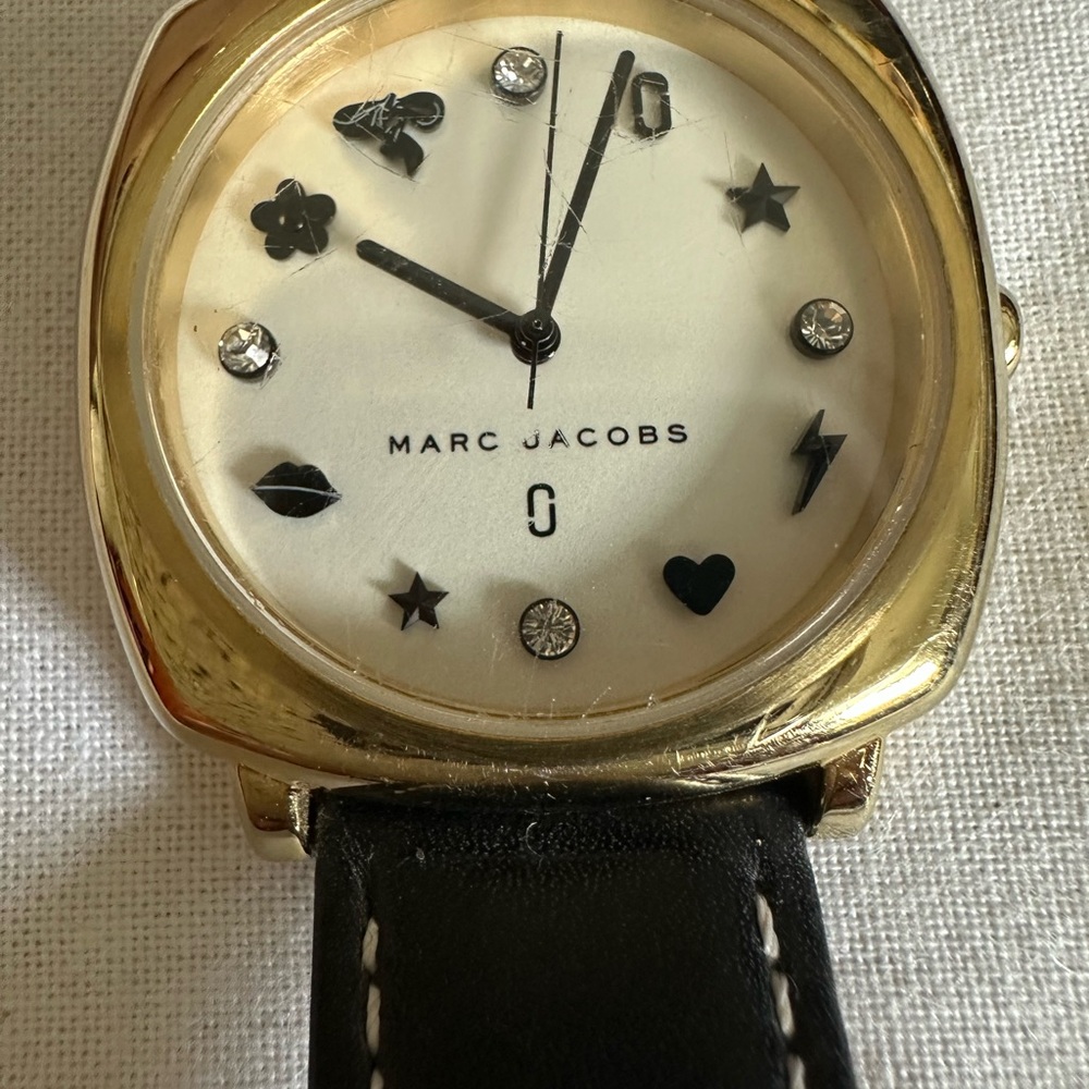 Marc Jacobs Gold Case Watch with Black Leather Strap